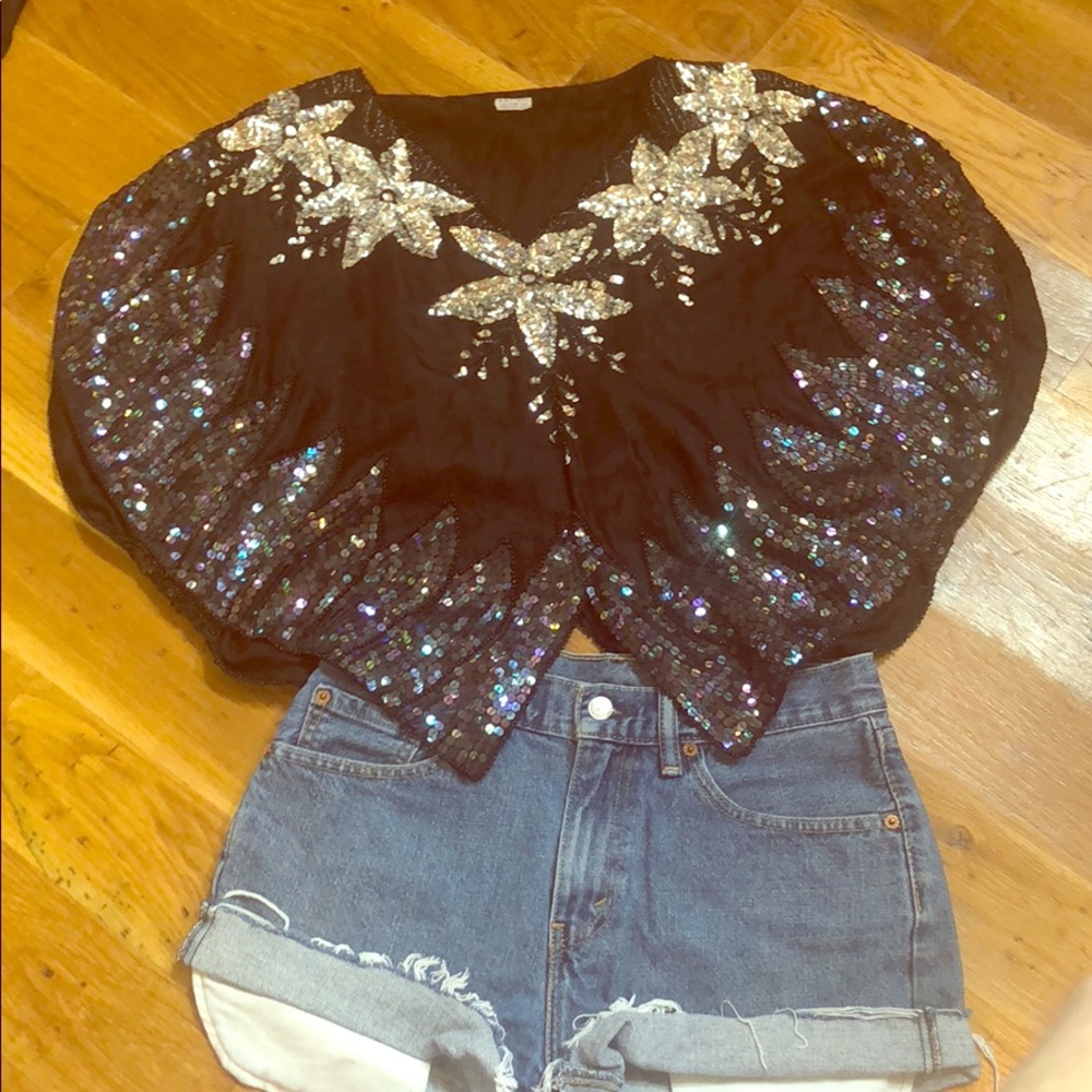 Vintage Sequin Silk FestivalPoncho Crop Top One Sz